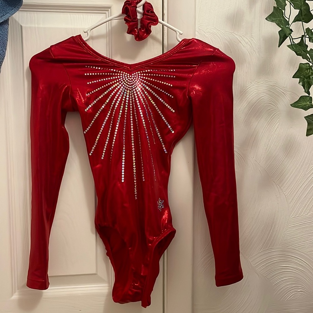 Red gymnastics competition leotard bright red color with silver sequin detailing